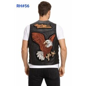 Mens Genuine Leather Vest w/Harley Davidson & Eagle Back Patched - RH#56